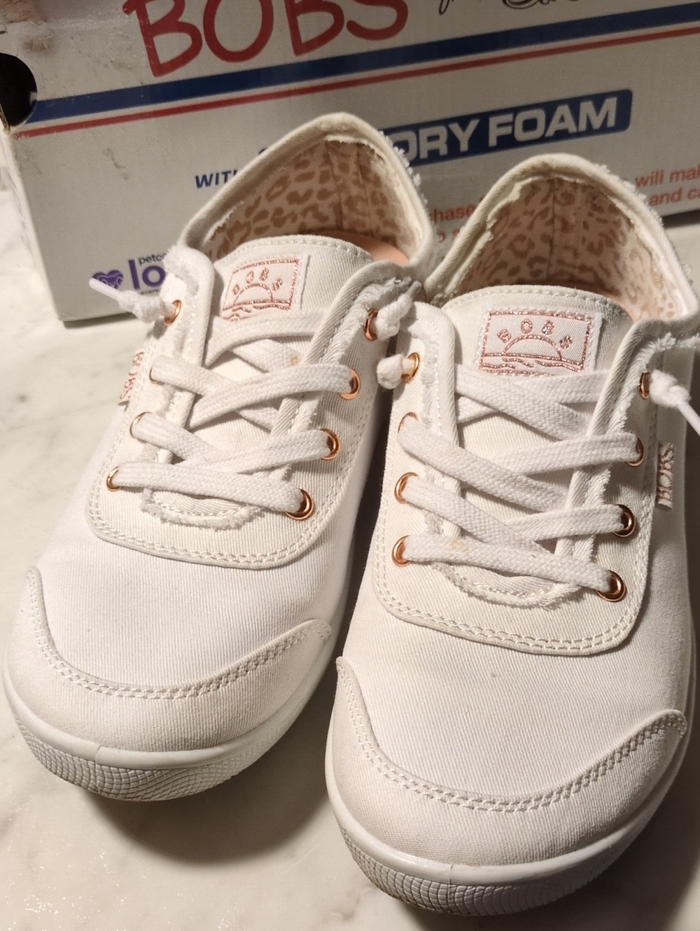 Skechers Bob's White Canvas Sneakers with Rose-Gold Eyelets